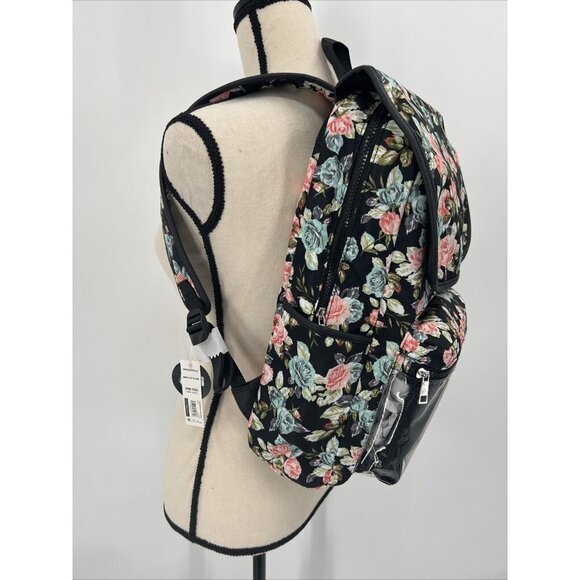No Boundaries Nylon Flap Backpack Clear Vinyl Pocket Black Floral NWT 16" deep - Picture 2 of 8